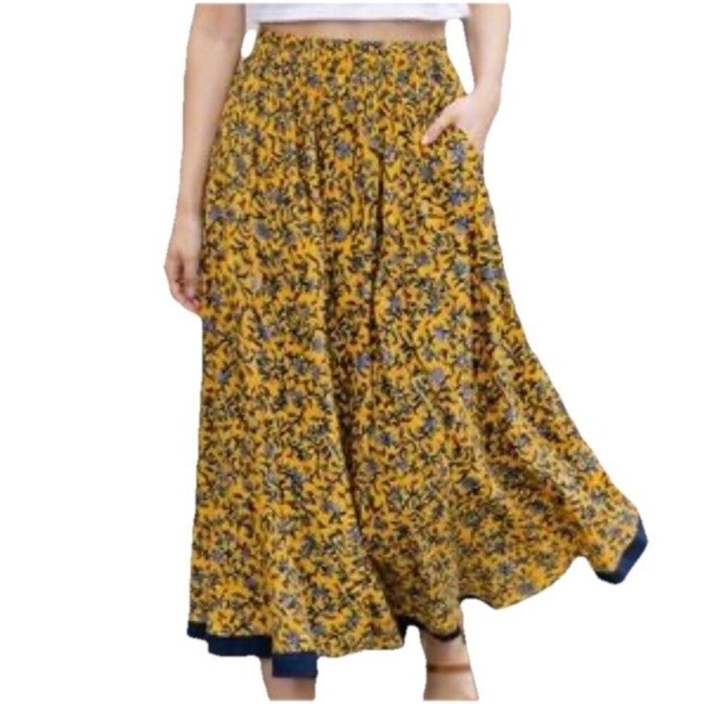 Zara Midi Skirt Sz S Floral Flowy Cotton Mustard Yellow India Boho Unlined